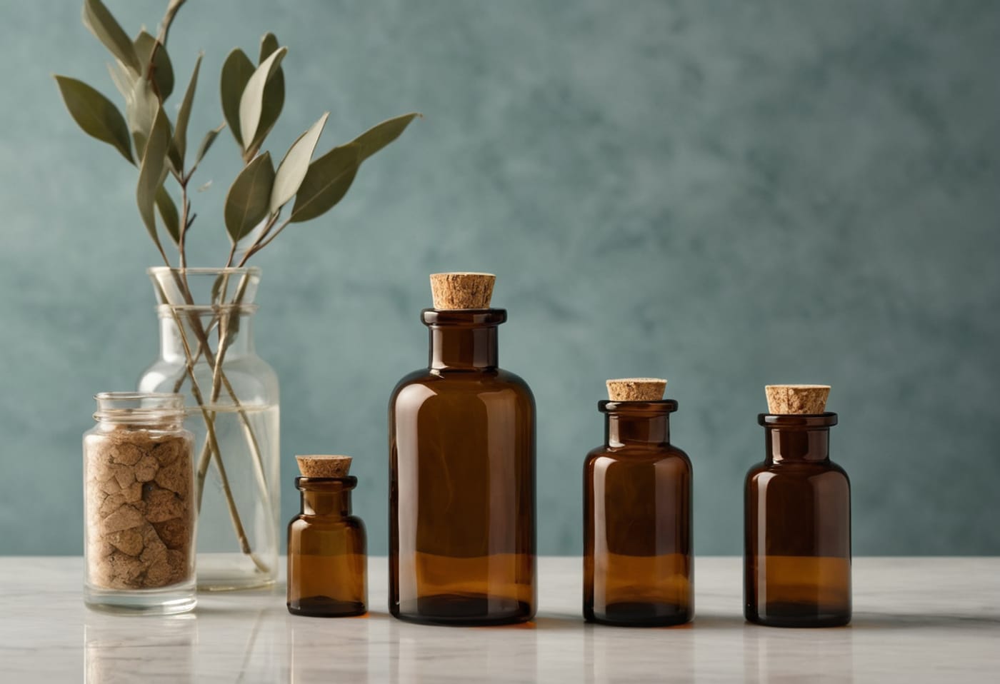 A row of unlabeled amber apothecary supplement bottles on a clean marble surface