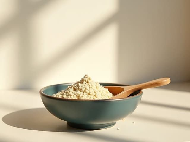 Protein powder in a neat mound with a scoop