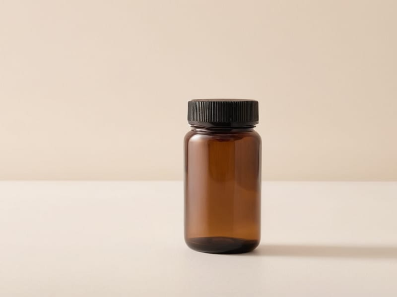 An unlabeled amber supplement bottle in soft light